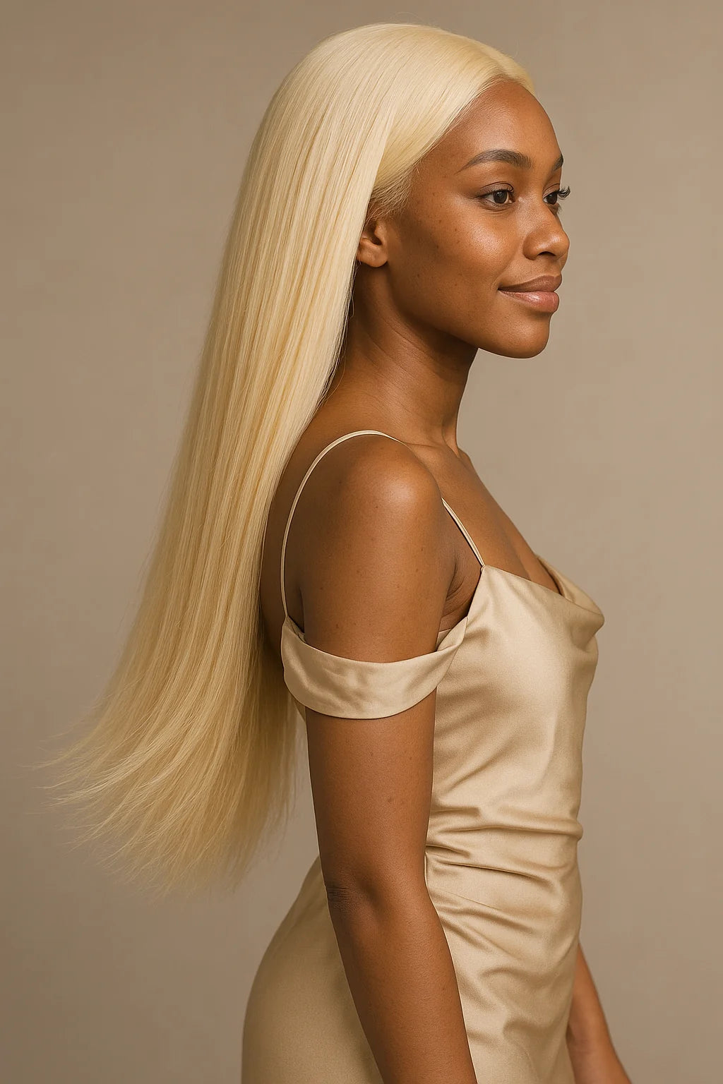 Side View of Olivia Luxe 613 Blonde Wig on Model – Pre-Plucked Hairline – NobleTress