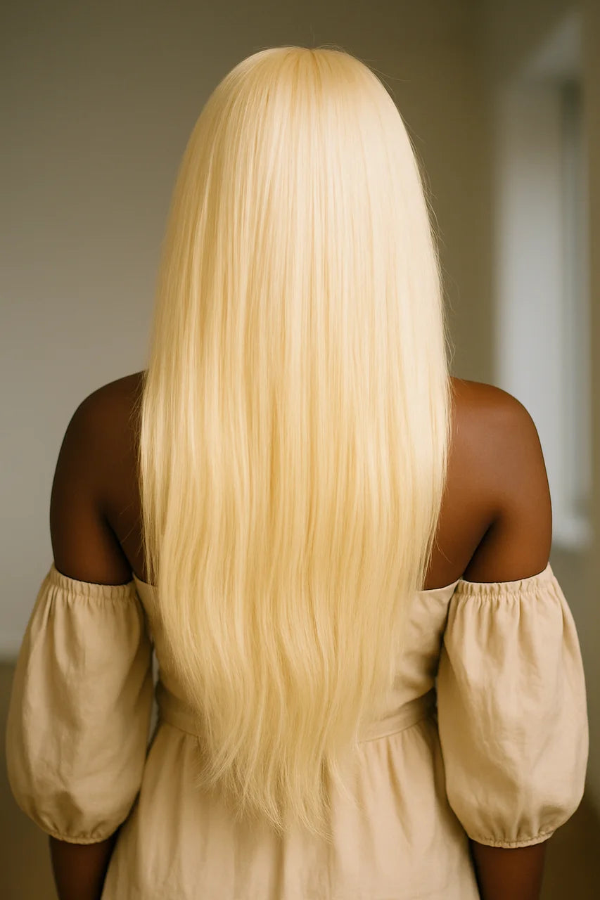 NobleTress – Back View of Long 613 Straight Human Hair Wig – Full Volume, Soft Movement