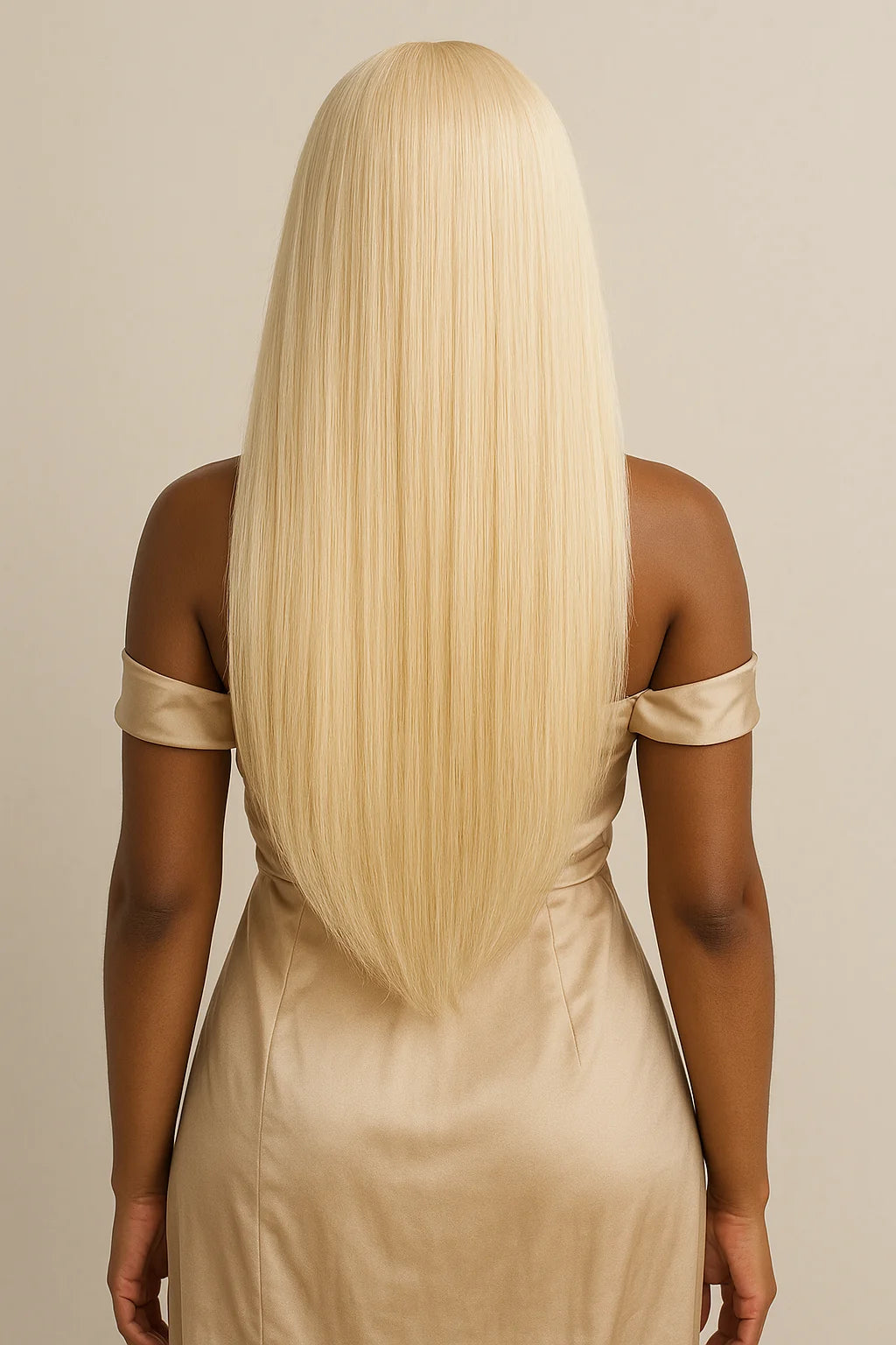 Back View of Olivia Luxe 613 Wig – Straight Virgin Hair Worn by Model – NobleTress